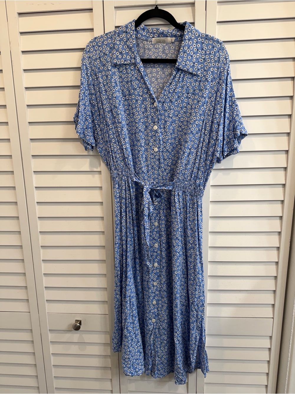 Blue Floral Midi Shirt Dress with Tie Waist